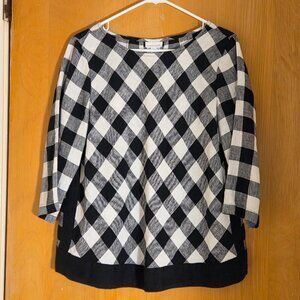 J Jill Love Linen Pullover Top Size M Petite Black White Check Boxy Oversized